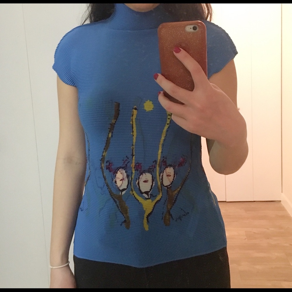Issey Miyake Blue Mock Neck Stretch Top